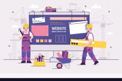 Pair of servicemen or repairmen holding and carrying repair tools against computer monitor on background. Concept of website under construction, web page maintenance or error 404. Vector illustration.